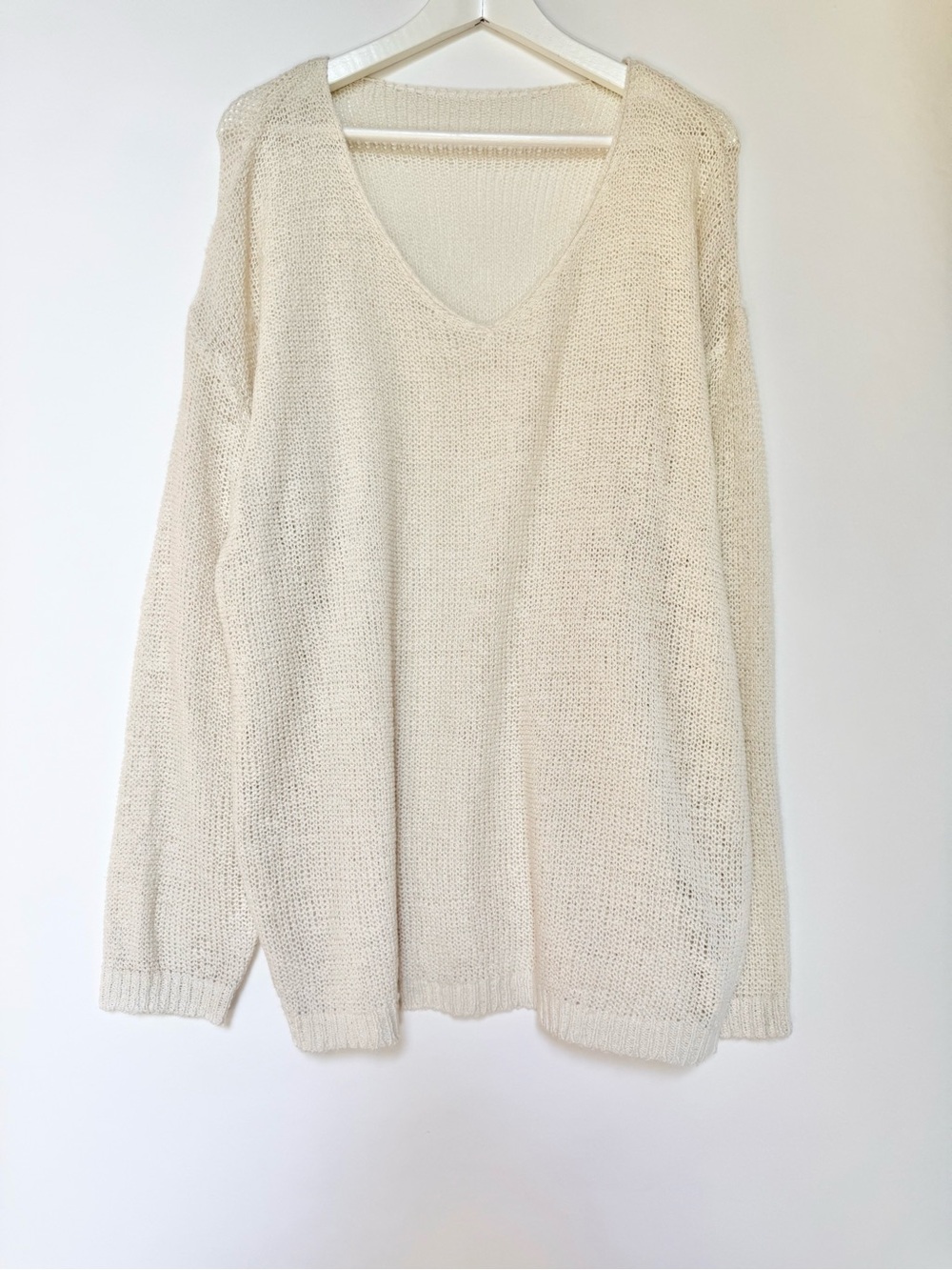 Open Knit Lightweight Cream V-Neck Sweater